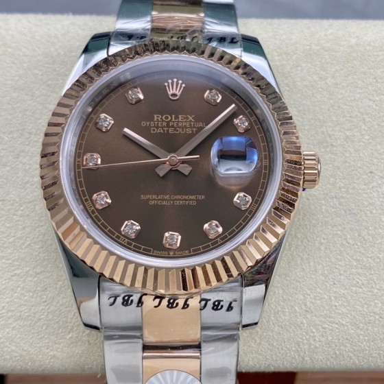 Datejust series men's watch with diamonds, chocolate-colored dial, rose gold bezel, 41mm, two-tone Oyster bracelet.